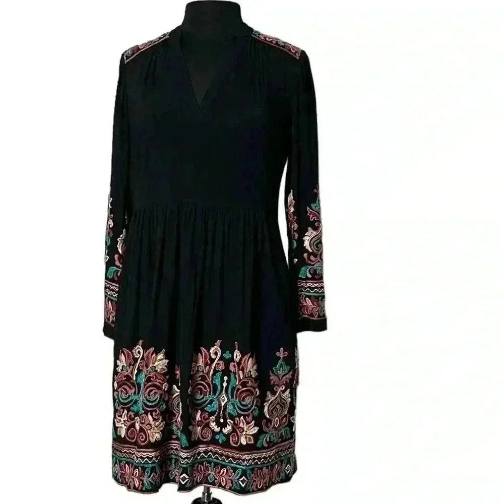 Anthropologie Floreat Avery Embroidered Black Multicolor Midi Boho Dress… - Picture 2 of 9